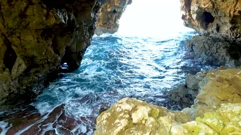 Beautiful Cave At The Ocean With Waves Stock Footage 162834893