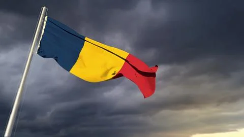 Beautiful Chad flag on massive dark clouds background Stock Illustration