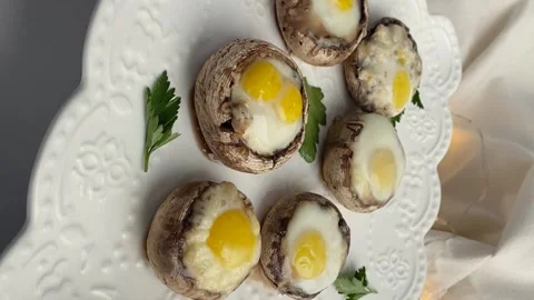 Beautiful champignons with egg on a plate Stock Footage 167506511
