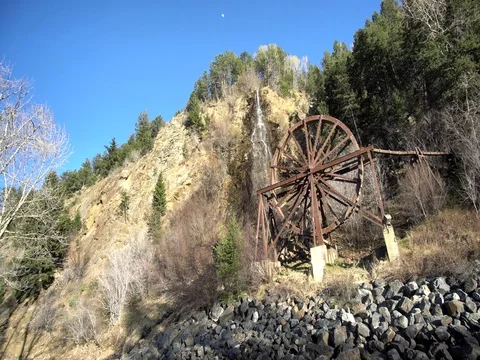 The beautiful Charlie Tayler Water Wheel at Idaho Springs Stock Footage
