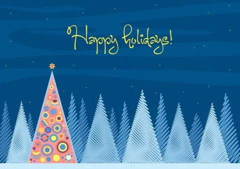 Beautiful Chrismas tree winter flat landscape background. Christmas forest woods Stock Illustration