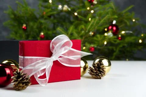 Beautiful Christmas composition. Gift boxes and christmas decor with christmas Stock Photos
