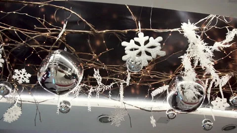 Beautiful Christmas decorations in white on the ceiling Stock Footage 149648850