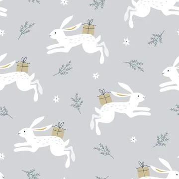 Beautiful Christmas seamless, repeated pattern. Jumping white rabbits, hares Stock Illustration