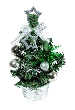 Beautiful Christmas tree with silvery patchwork ornament isolated on white backg Stock Photos
