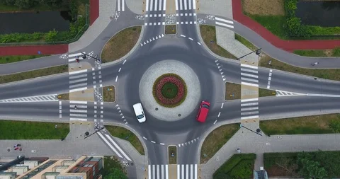 Beautiful Circle Intersection In Suburban Area. Overhead Aerial View Stock Footage 91496300