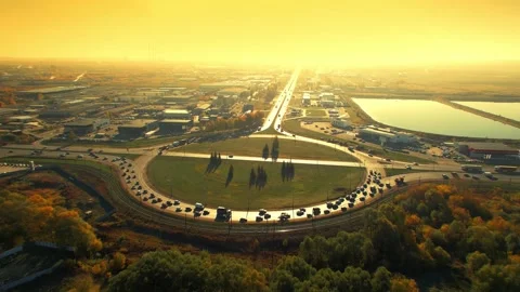 Beautiful circle road junction, interchange, surreal circular motion, aerial Stock Footage 163492520