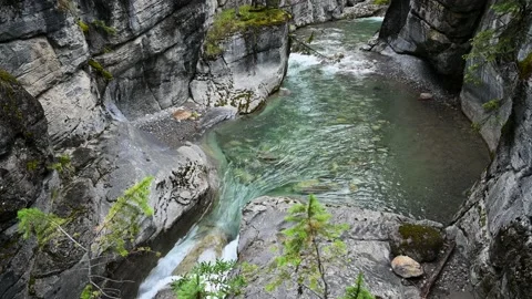Beautiful clear mountain stream flowing through gray rounded rocks  Stock Footage 144225696