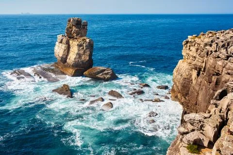 Beautiful cliff rocks and waves on the west coast of Portugal in Peniche Stock Photos