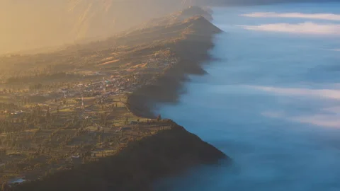 Beautiful Cliff Side Village Sunlight and Misty, Landmark Travel of Indonesia Stock Footage 131662353