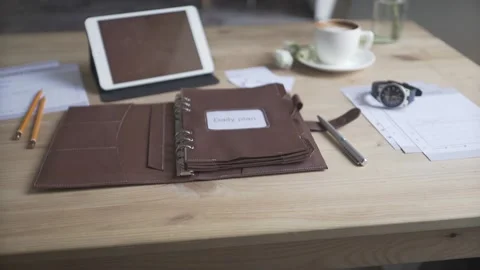 Beautiful close up view on business work area desktop with tablet cell phone cof Stock Footage 137538801