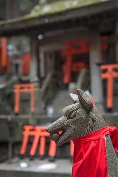 Beautiful closeup view of fox statue at Fushimi Inari shrine in Kyoto, Japan on Stock Photos