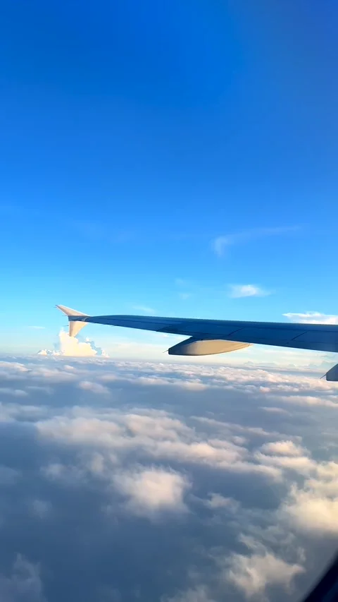 Beautiful cloud and wing of airplane from window with a nice blue sky Stock Footage 338012096