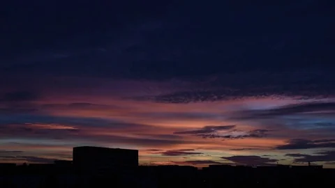 Beautiful clouds moving at sunset in the city Stock Footage 75576108