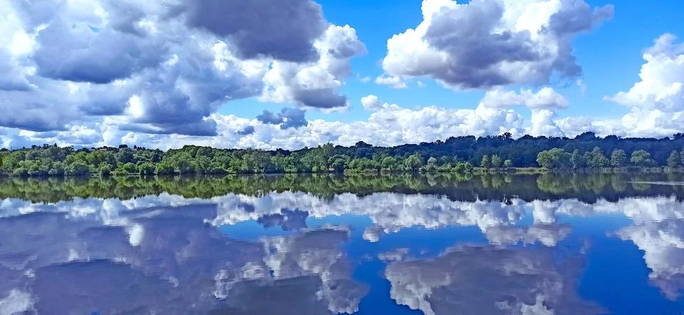Beautiful clouds reflection in a calm forest lake water surface landscape. Stock Photos