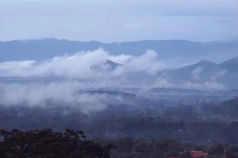 Beautiful cloudy and dramatic sky. Flying plane in sky Stock-Fotos