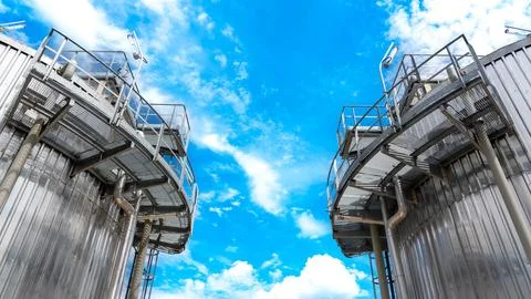 Beautiful cloudy sky between two large metal tanks at a manufacturing facility Stock Photos