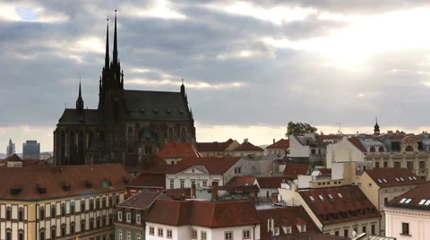 Beautiful cloudy sky over downtown city at day Brno, Czech Republic Stock Footage 69010430