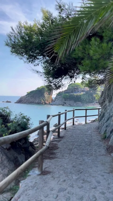 Beautiful coastal walking path overlooking a bright blue ocean Video stock 331770904