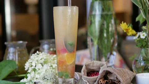 Beautiful cocktail in a high glass on the background of the restaurant Stock-Footage 148431853