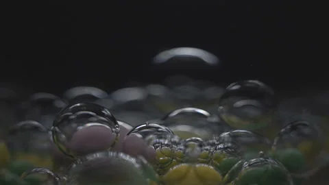 Beautiful colored bubbles in a liquid on a black background. Close-up. Slow Stock Footage 97852698