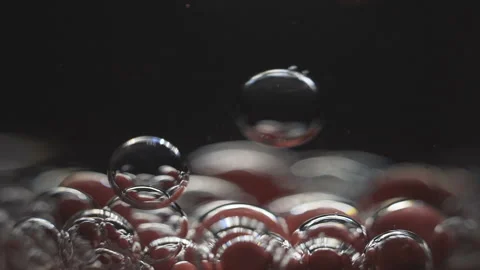 Beautiful colored bubbles in a liquid on a black background. Close-up. Slow Stock Footage 97853995