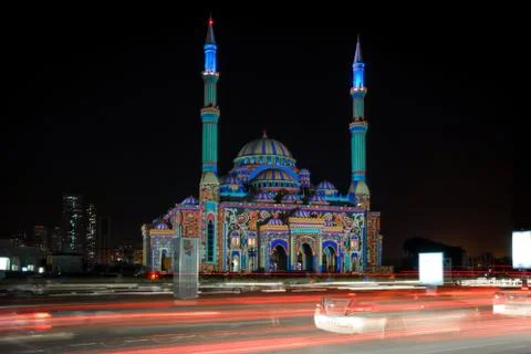 Beautiful colorful lights with Eastern patterns displayed on a mosque Stock Photos