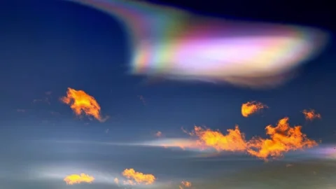 Beautiful Colorful Rainbow Clouds (Cloud Iridescence) and an Airplane Stock Footage 272432005