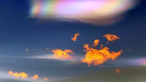 Beautiful Colorful Rainbow Clouds (Cloud Iridescence) and an Airplane Stock Footage 274070870