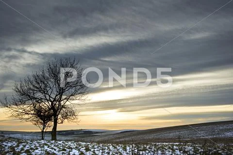 Beautiful colorful sunset over winter landscape Stock Photos