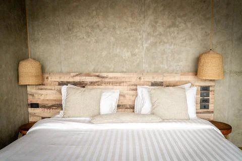 Beautiful comfortable pillows on bed Stock-Fotos