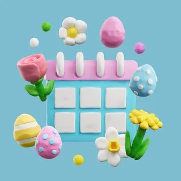 Beautiful composition with 3D plasticine calendar, Easter eggs and spring Stock Illustration
