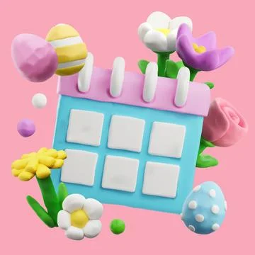 Beautiful composition with 3D plasticine calendar, spring flowers and painted Stock Illustration