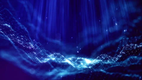 Beautiful composition with blue luminous particles form wavy glow structures Stock Footage 121577113