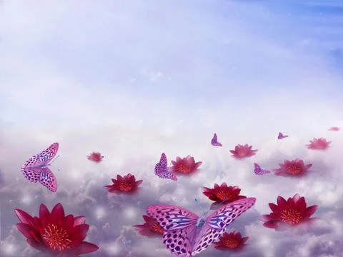 Beautiful composition of clouds, flowers and butterflies on a blue background Stock Photos
