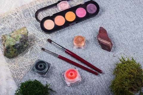 Beautiful composition: professional make-up brushes, equipment and decorative Stock Photos