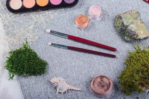 Beautiful composition: professional make-up brushes and tools, decorative ele Stock Photos