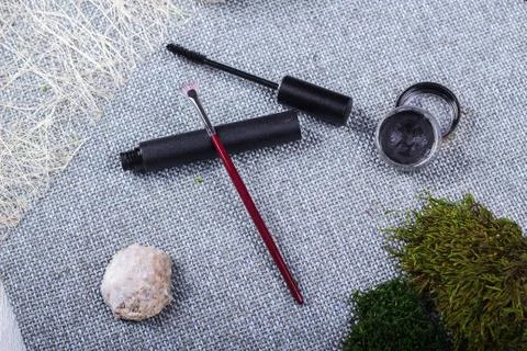 Beautiful composition: professional make-up brushes and tools, decorative ele Stock Photos