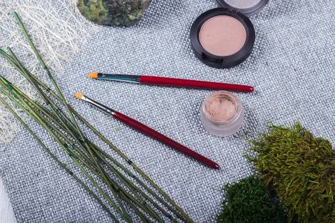 Beautiful composition: professional make-up brushes, equipment and decorative Stock Photos