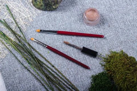 Beautiful composition: professional make-up brushes and tools, decorative ele Stock Photos
