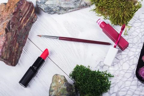 Beautiful composition: professional make-up brushes, lipstick and tools, deco 스톡 사진