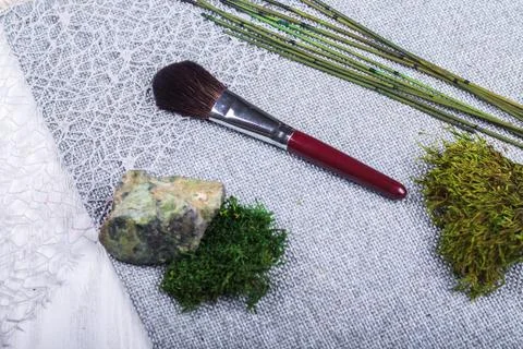 Beautiful composition: professional make-up brushes, equipment and decorative Stock Photos