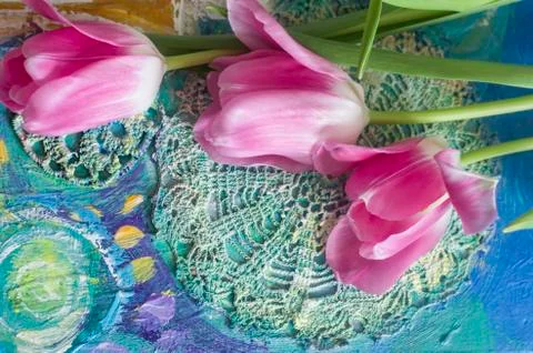 Beautiful composition with rose tulips on patterned background. Stock Photos