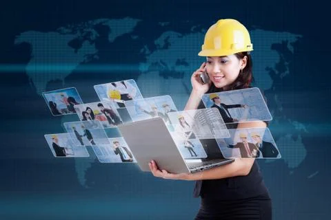 Beautiful contractor calling and using internet on blue 스톡 일러스트