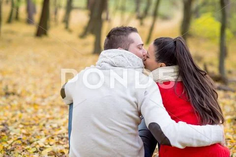 Beautiful couple in autumn park sitting on the ground Stock Photos