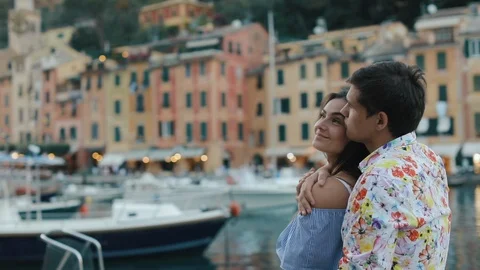 Beautiful Couple. Guy Gently Embraces The Girl. Video stock 108055949