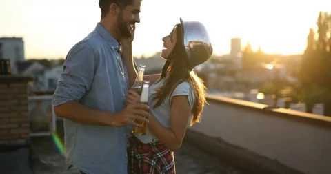 Beautiful couple in love dating outdoors and smiling Stock Footage
