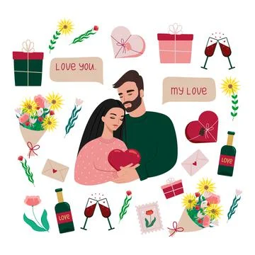 Beautiful Couple of lovers hugging, items for St. Valentine s Day, bottle of Stock Illustration