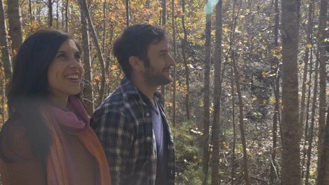 Beautiful couple walking through the woods together with sun glare Stock Footage 101445231