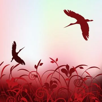 Beautiful cranes flying in the spring sky. Stock Illustration